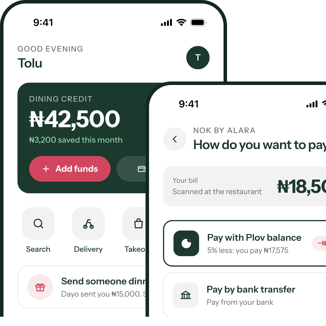 The Plov app showing a credit balance and the choose-how-to-pay screen