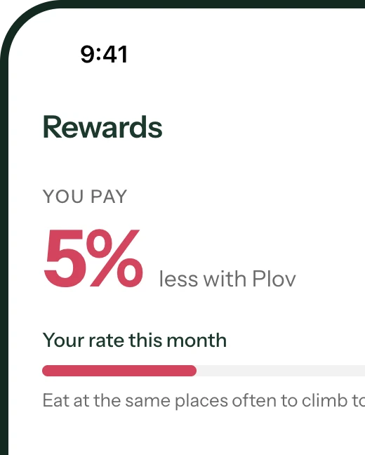 Rewards screen: you pay 5% less with Plov